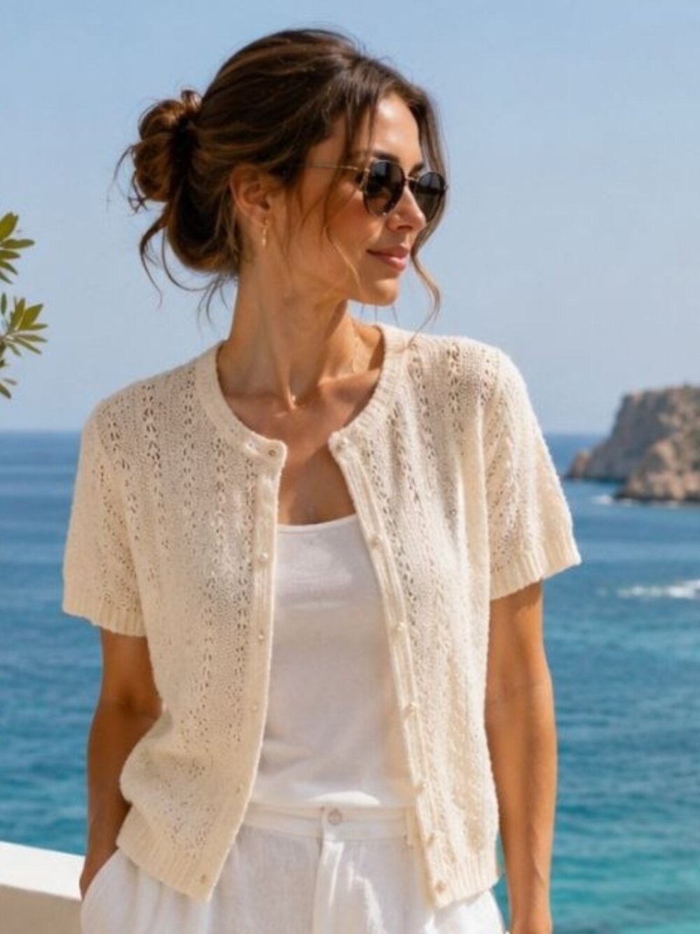 LeRoy Ivory Open Knit Pearl Button Cardigan Coastal Cottagecore XL